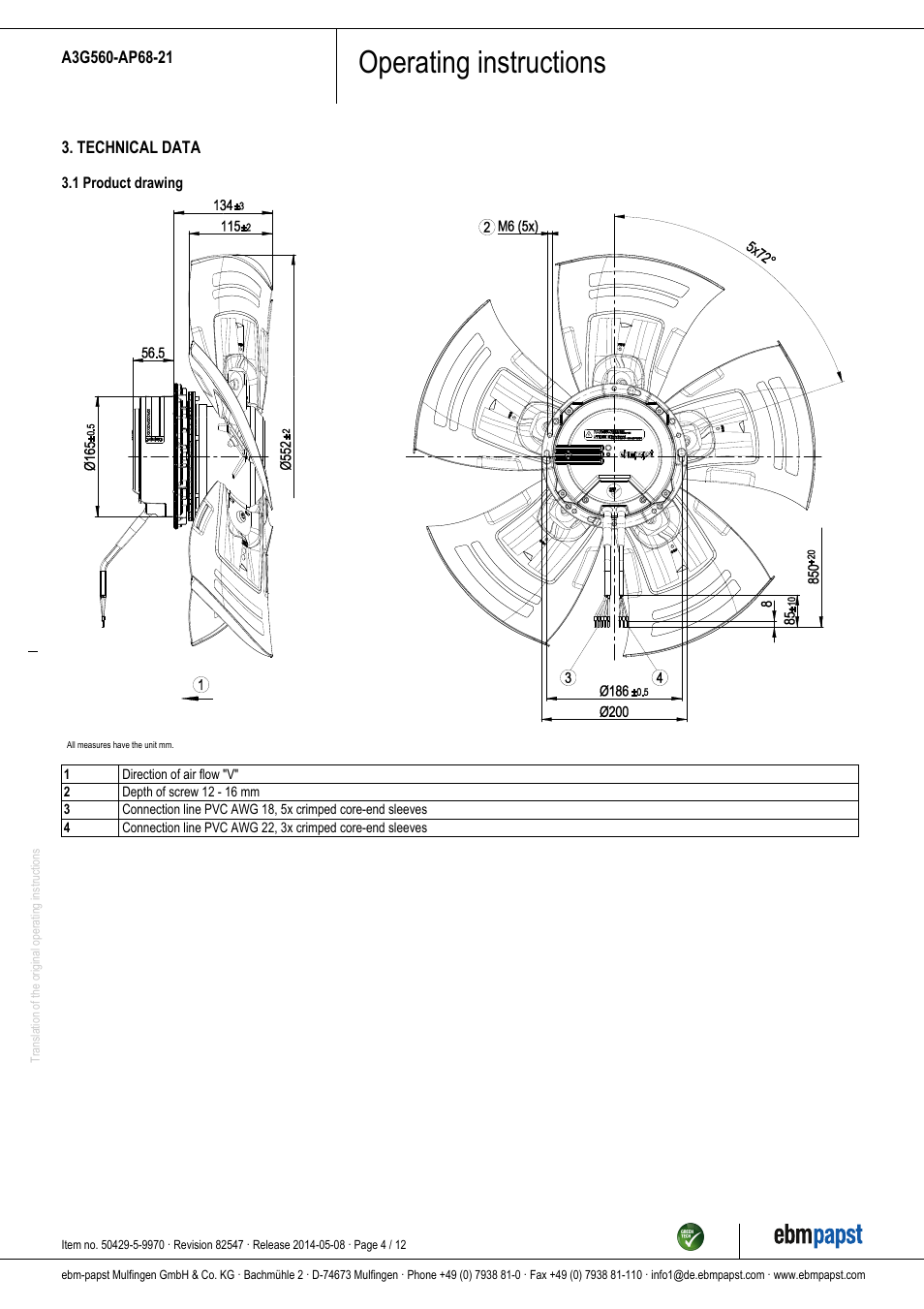 Operating instructions | ebm-papst A3G560-AP68-21 User Manual | Page 4 / 12