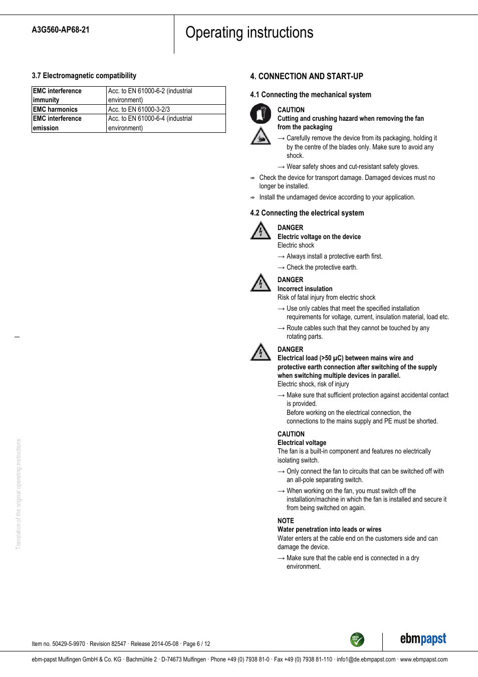 Operating instructions | ebm-papst A3G560-AP68-21 User Manual | Page 6 / 12