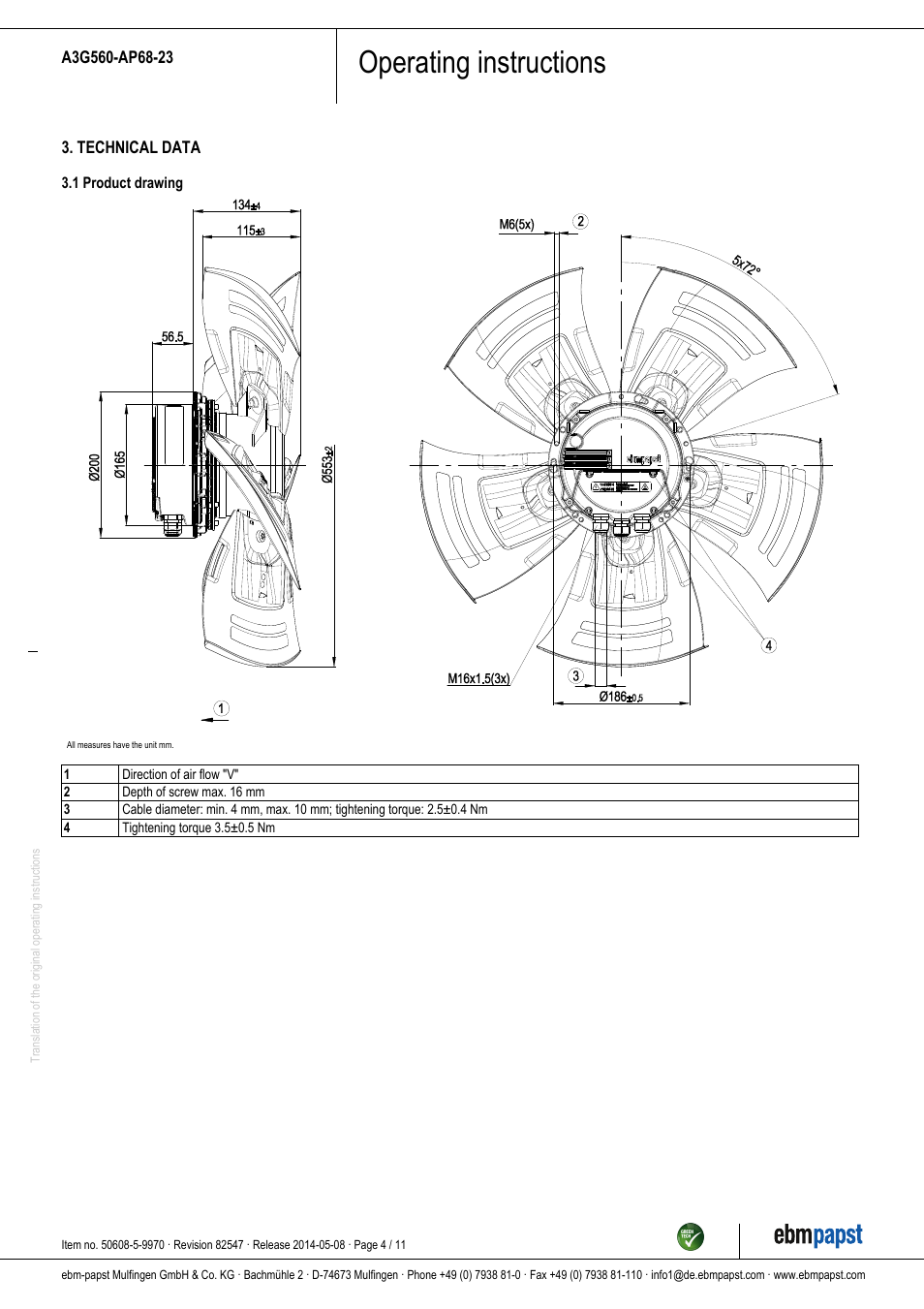 Operating instructions | ebm-papst A3G560-AP68-23 User Manual | Page 4 / 11