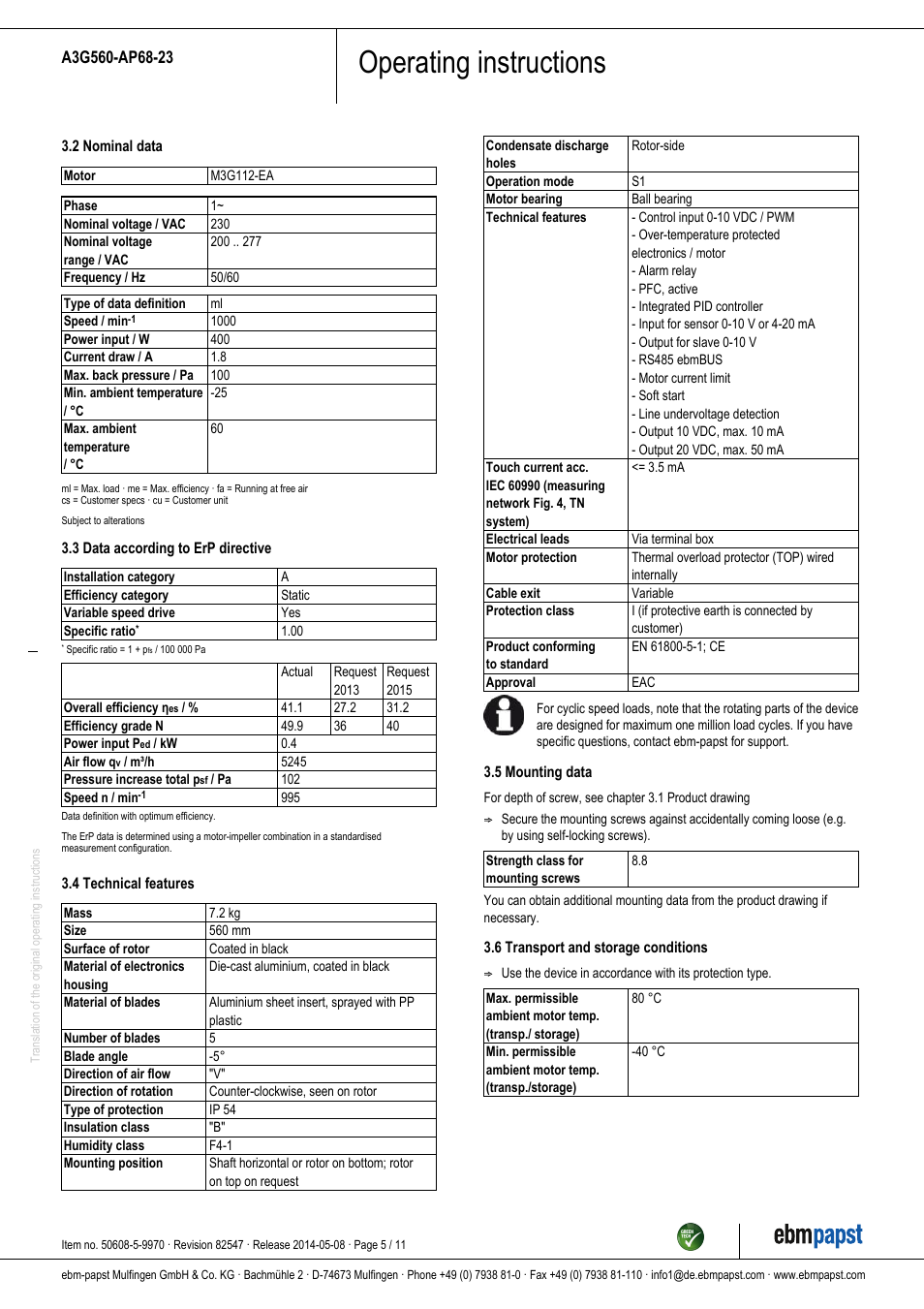 Operating instructions | ebm-papst A3G560-AP68-23 User Manual | Page 5 / 11