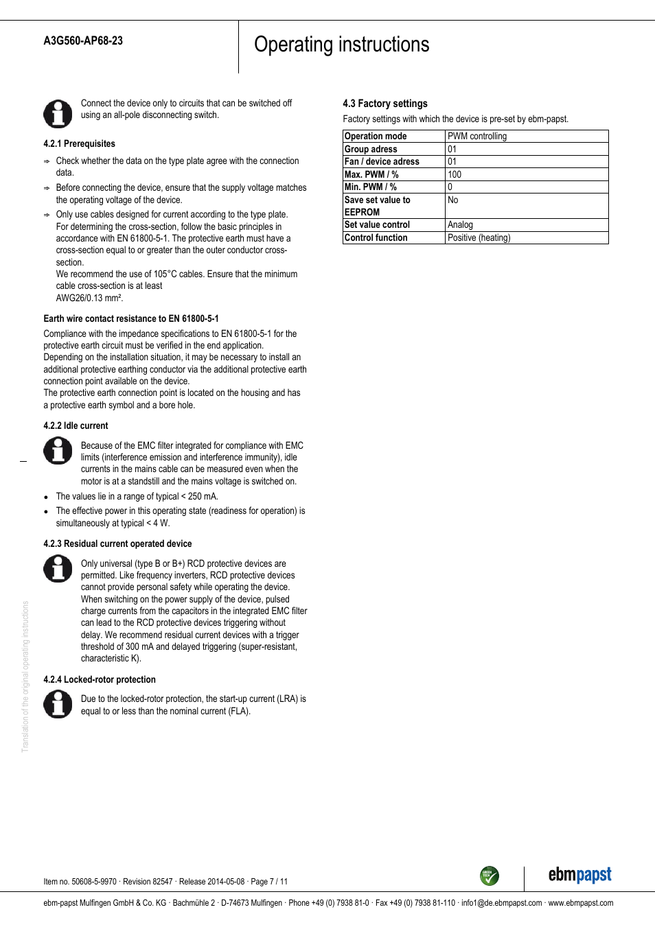 Operating instructions | ebm-papst A3G560-AP68-23 User Manual | Page 7 / 11