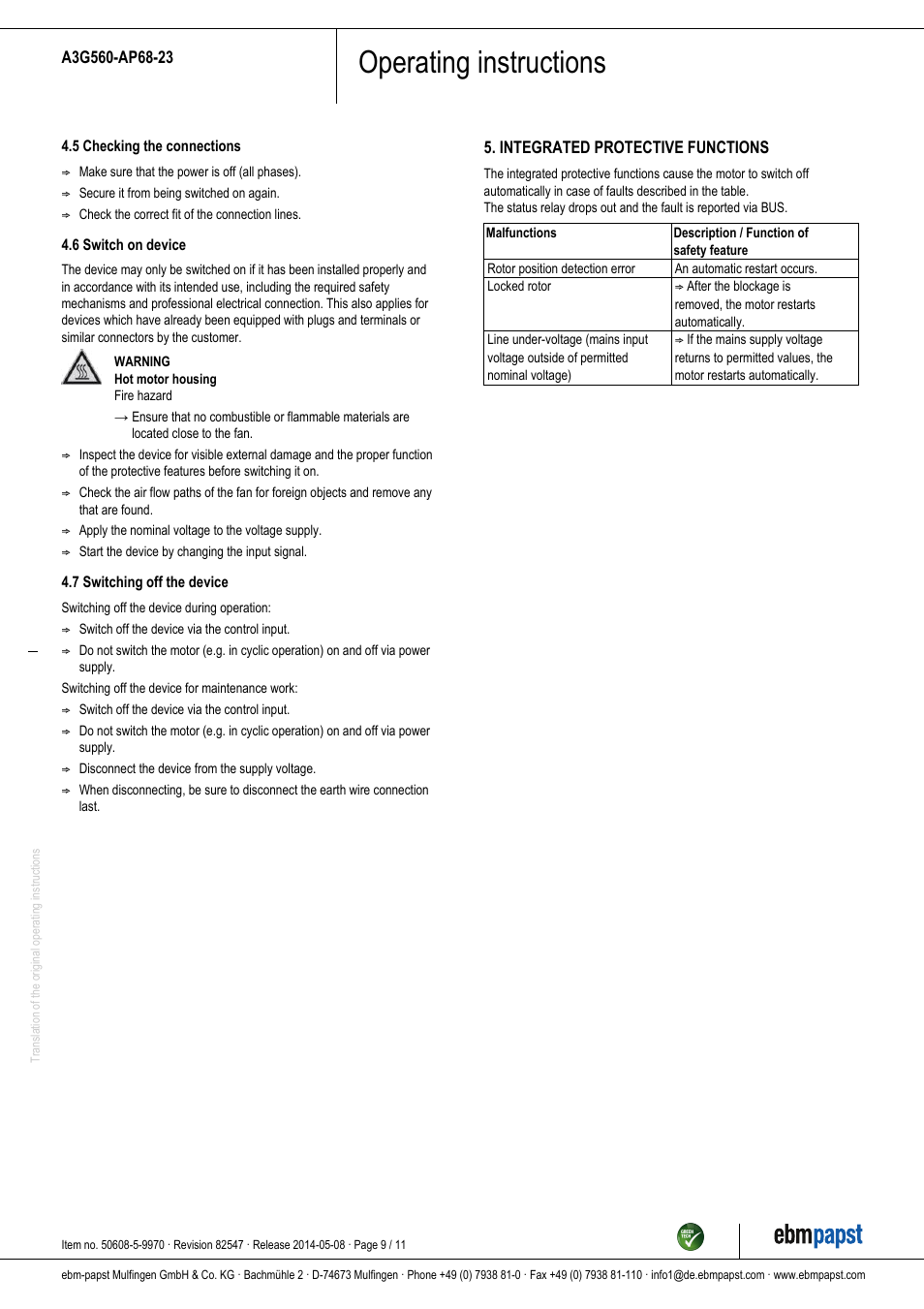 Operating instructions | ebm-papst A3G560-AP68-23 User Manual | Page 9 / 11