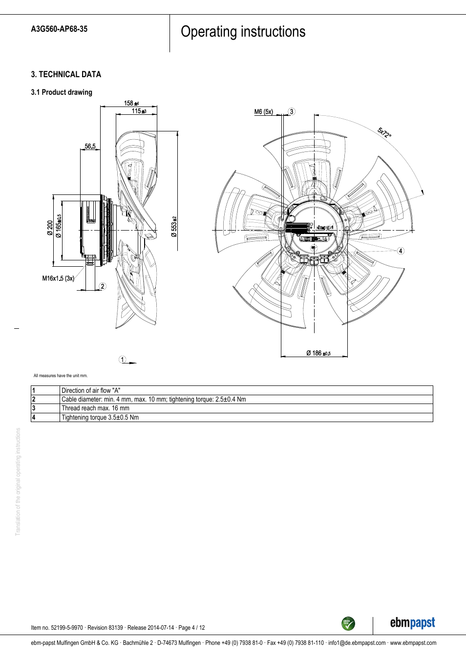 Operating instructions | ebm-papst A3G560-AP68-35 User Manual | Page 4 / 12