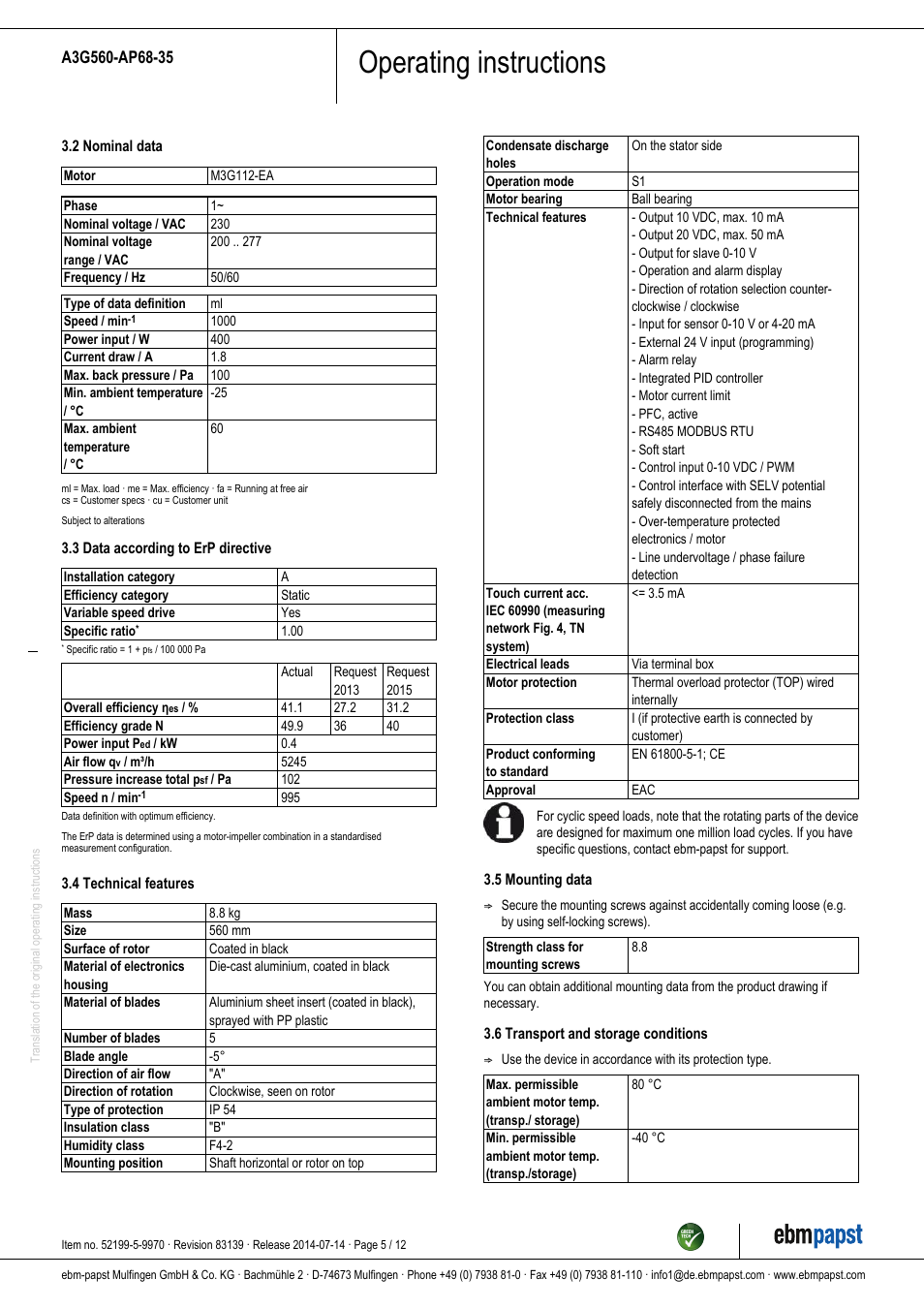 Operating instructions | ebm-papst A3G560-AP68-35 User Manual | Page 5 / 12