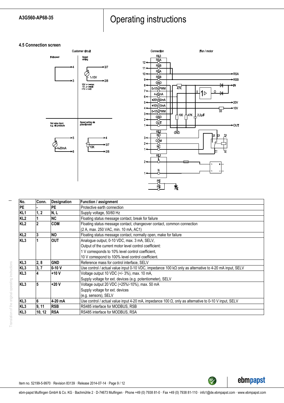 Operating instructions | ebm-papst A3G560-AP68-35 User Manual | Page 9 / 12