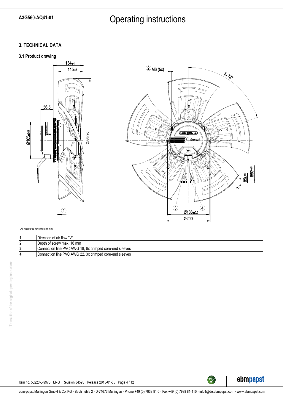 Operating instructions | ebm-papst A3G560-AQ41-01 User Manual | Page 4 / 12