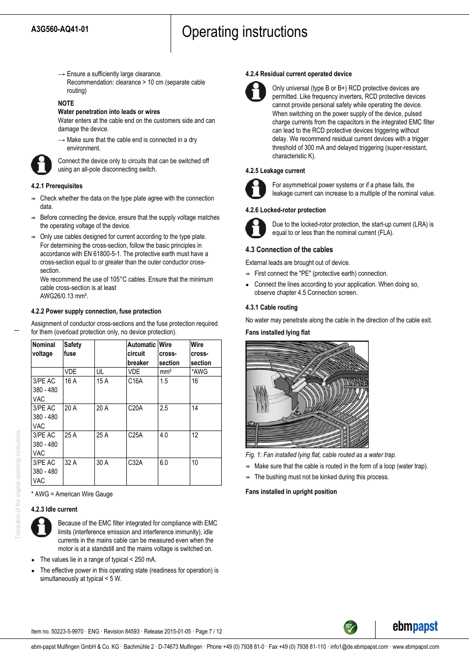 Operating instructions | ebm-papst A3G560-AQ41-01 User Manual | Page 7 / 12