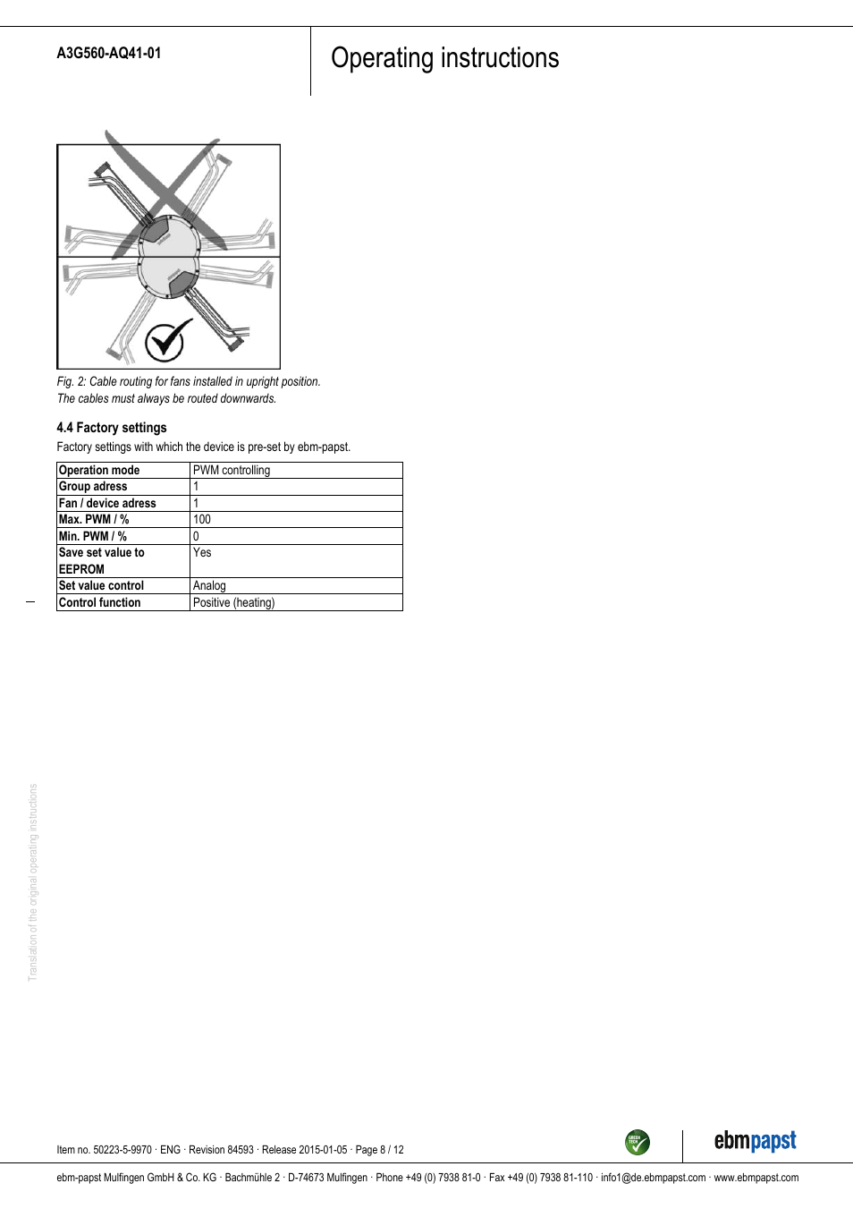 Operating instructions | ebm-papst A3G560-AQ41-01 User Manual | Page 8 / 12