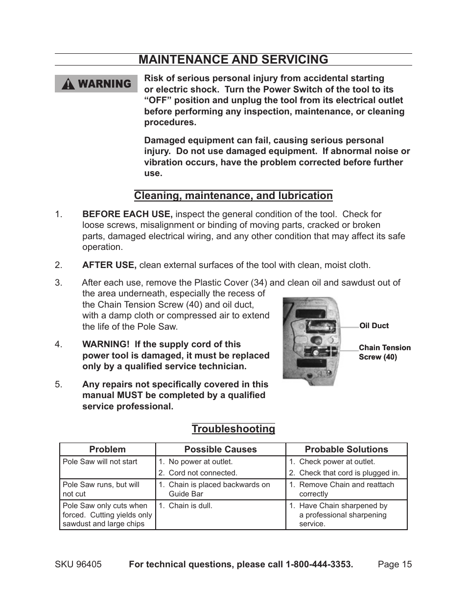 Maintenance and servicing, Cleaning, maintenance, and lubrication, Troubleshooting | Chicago Electric 96405 User Manual | Page 15 / 19