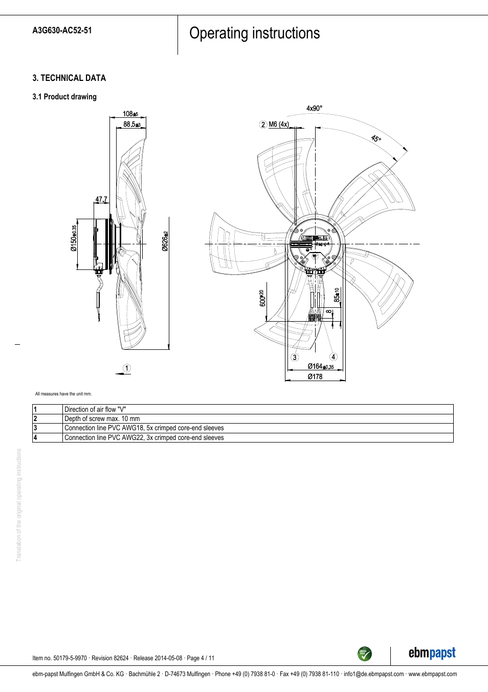 Operating instructions | ebm-papst A3G630-AC52-51 User Manual | Page 4 / 11