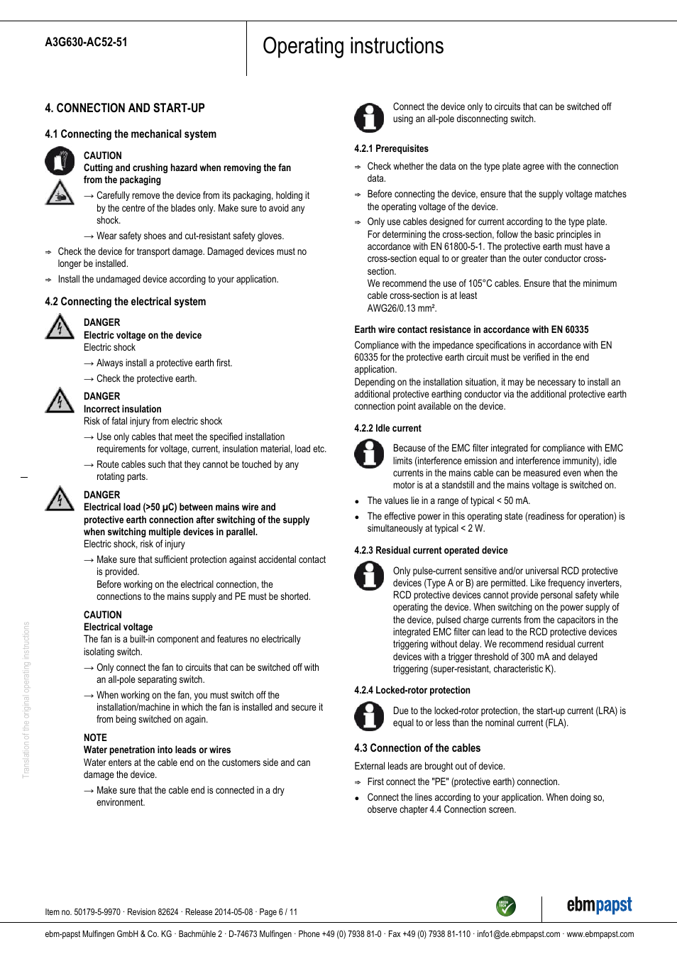 Operating instructions | ebm-papst A3G630-AC52-51 User Manual | Page 6 / 11