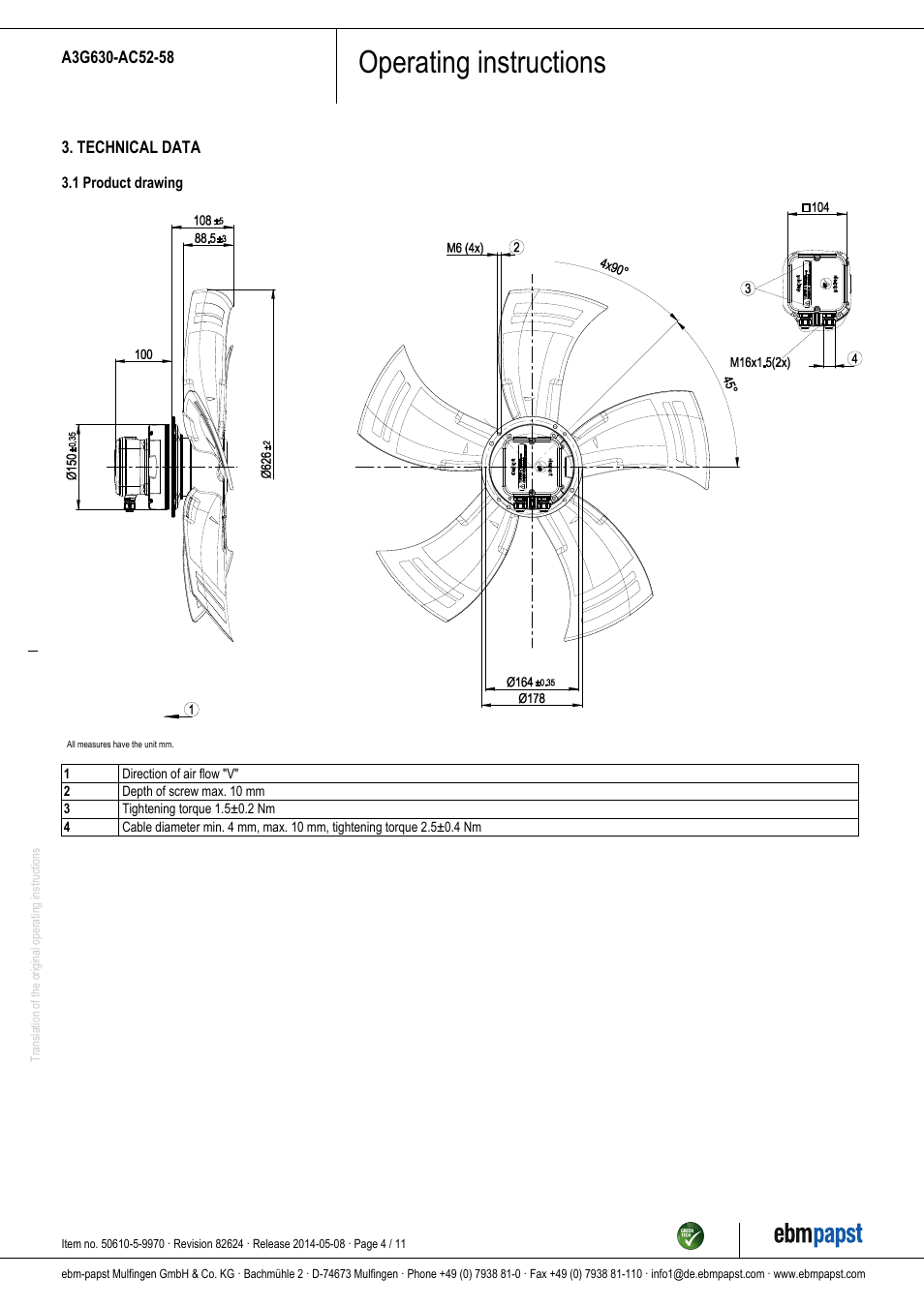 Operating instructions | ebm-papst A3G630-AC52-58 User Manual | Page 4 / 11