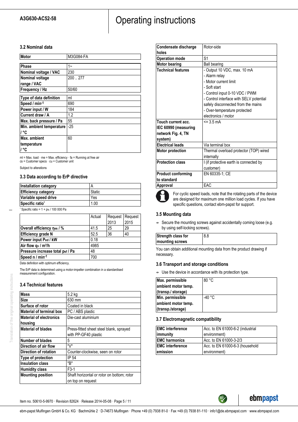 Operating instructions | ebm-papst A3G630-AC52-58 User Manual | Page 5 / 11