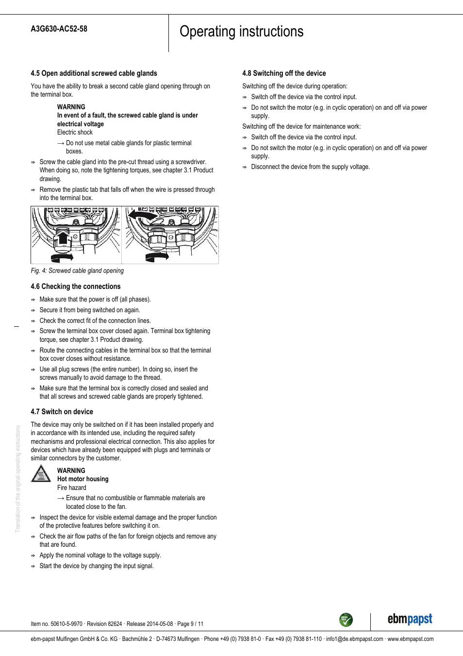 Operating instructions | ebm-papst A3G630-AC52-58 User Manual | Page 9 / 11