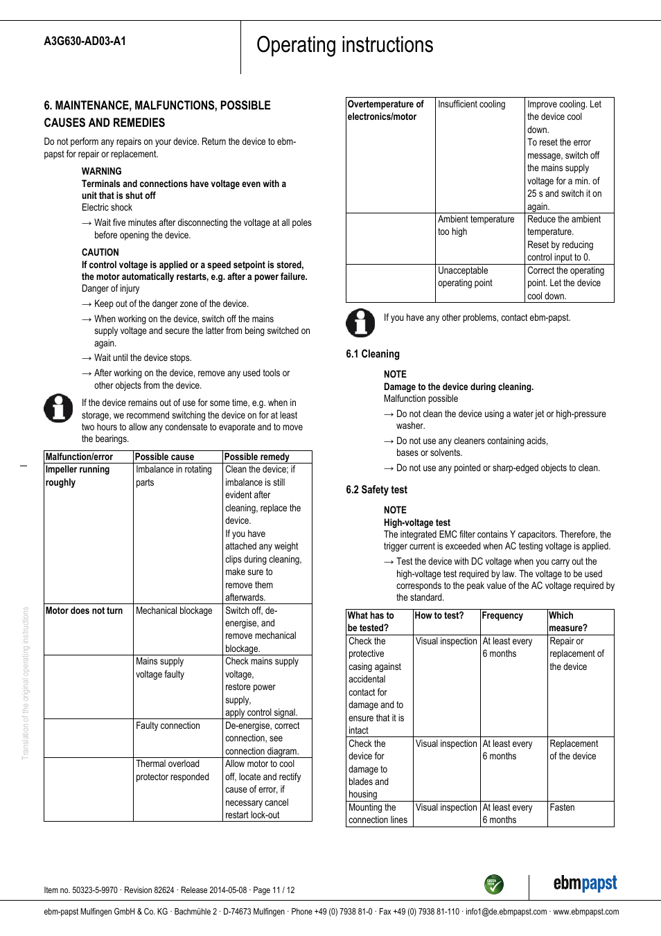 Operating instructions | ebm-papst A3G630-AD03-A1 User Manual | Page 11 / 12