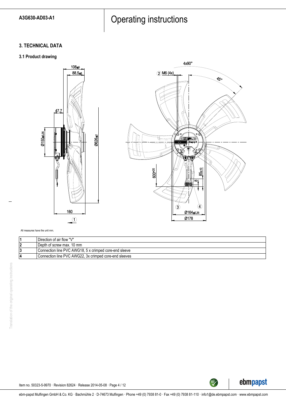 Operating instructions | ebm-papst A3G630-AD03-A1 User Manual | Page 4 / 12