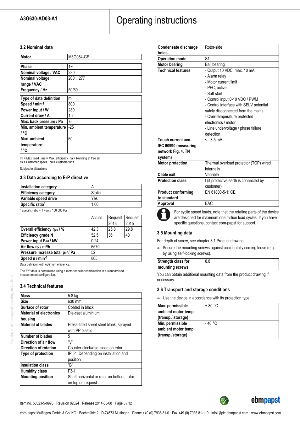 Operating instructions | ebm-papst A3G630-AD03-A1 User Manual | Page 5 / 12