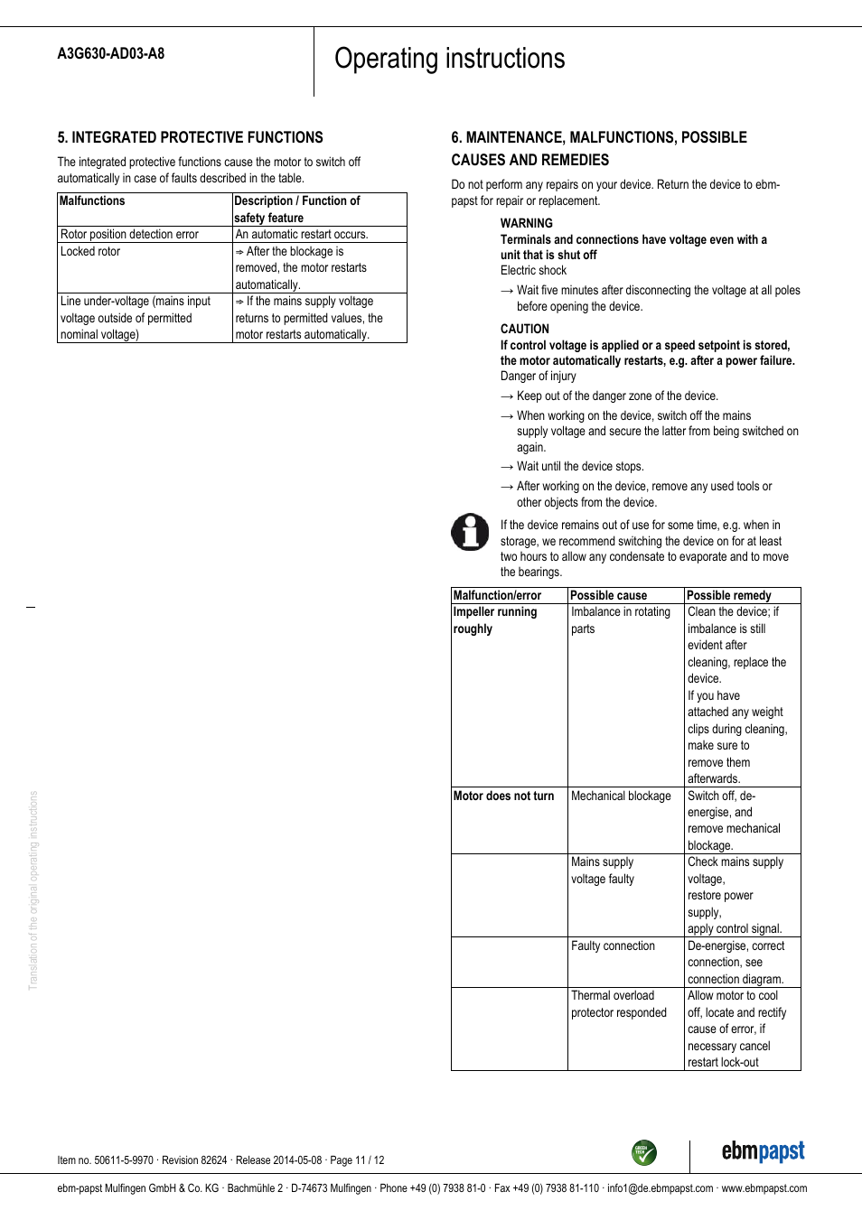 Operating instructions | ebm-papst A3G630-AD03-A8 User Manual | Page 11 / 12