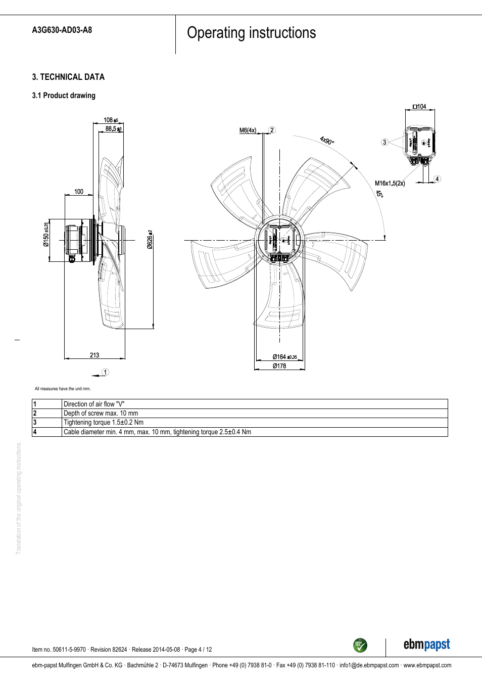 Operating instructions | ebm-papst A3G630-AD03-A8 User Manual | Page 4 / 12
