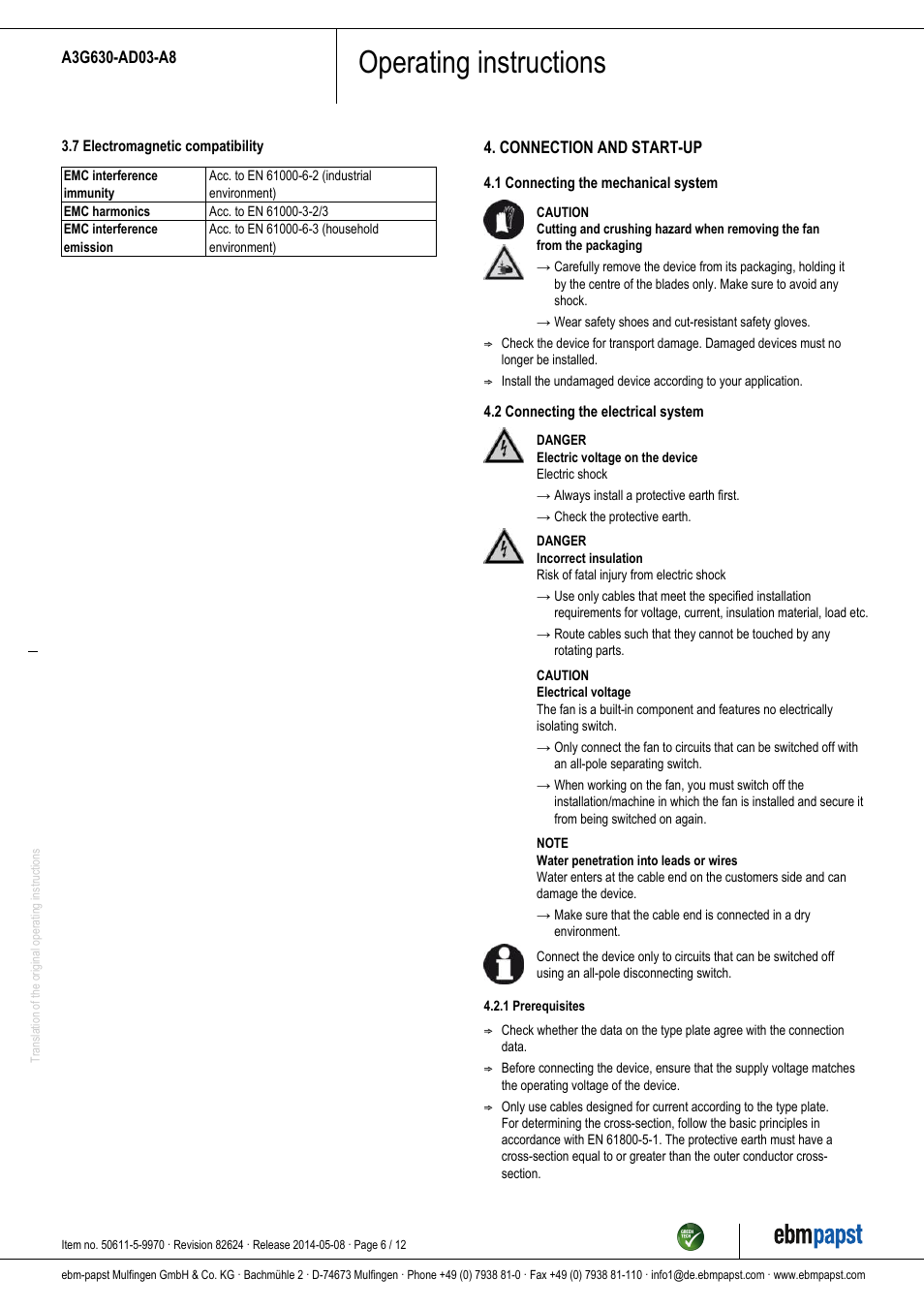 Operating instructions | ebm-papst A3G630-AD03-A8 User Manual | Page 6 / 12