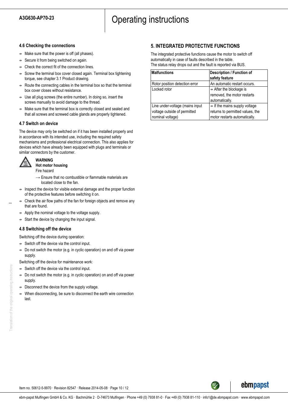 Operating instructions | ebm-papst A3G630-AP70-23 User Manual | Page 10 / 12