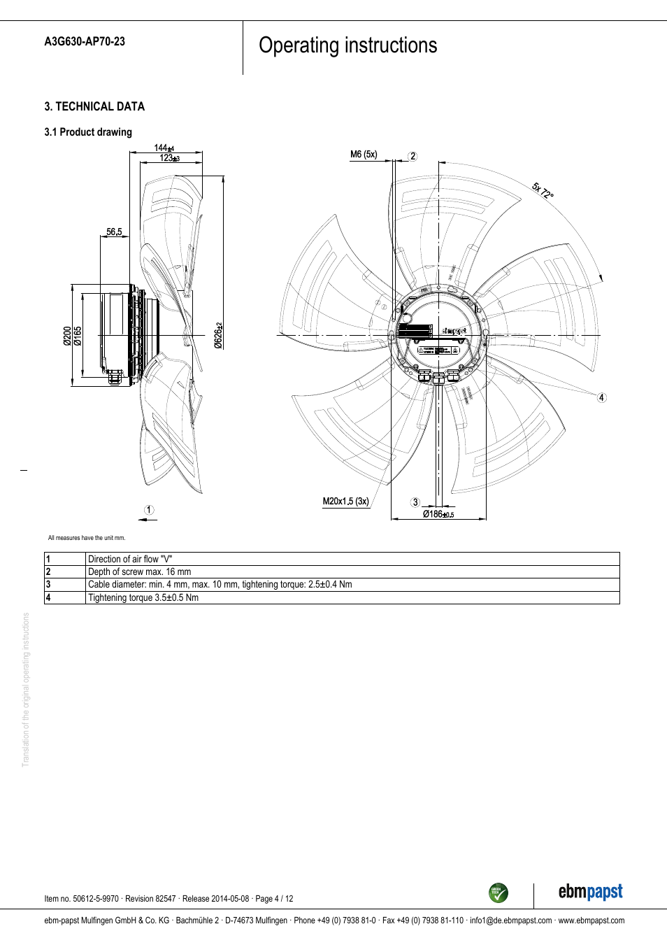 Operating instructions | ebm-papst A3G630-AP70-23 User Manual | Page 4 / 12