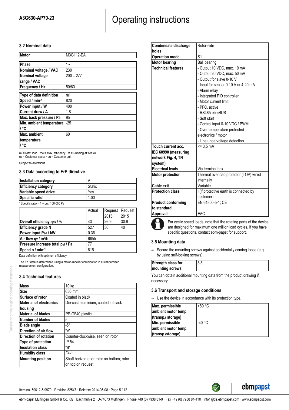 Operating instructions | ebm-papst A3G630-AP70-23 User Manual | Page 5 / 12