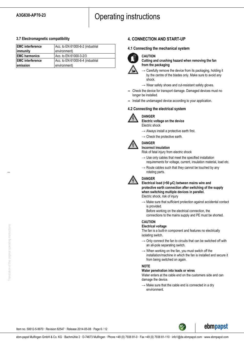 Operating instructions | ebm-papst A3G630-AP70-23 User Manual | Page 6 / 12