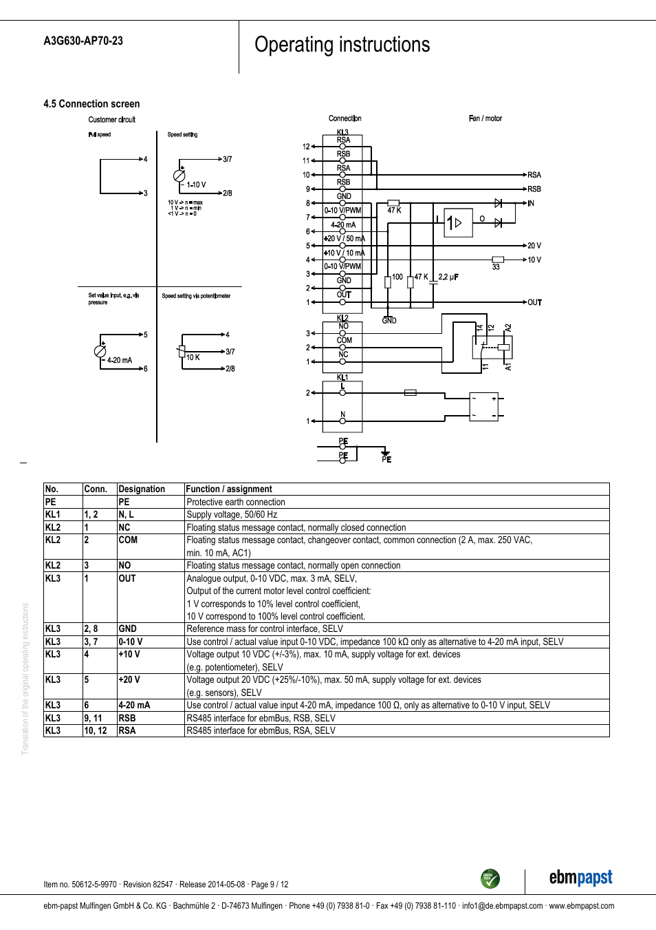 Operating instructions | ebm-papst A3G630-AP70-23 User Manual | Page 9 / 12