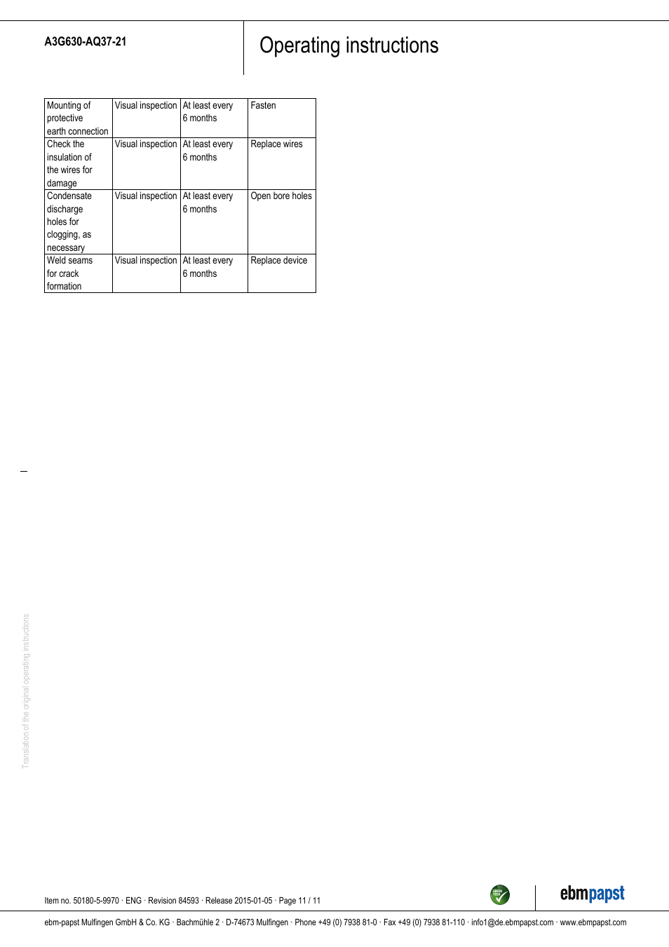 Operating instructions | ebm-papst A3G630-AQ37-21 User Manual | Page 11 / 11