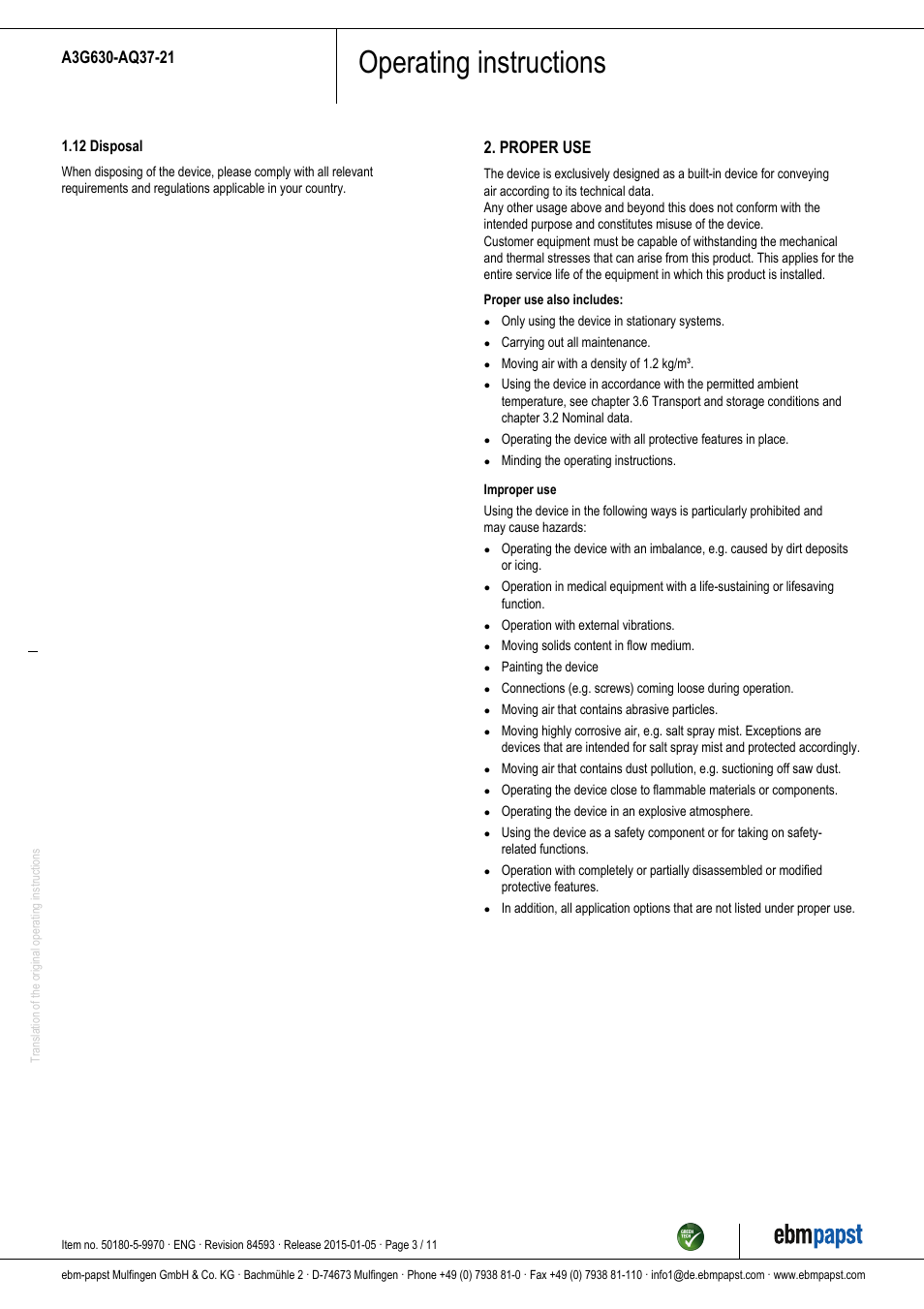 Operating instructions, Proper use | ebm-papst A3G630-AQ37-21 User Manual | Page 3 / 11
