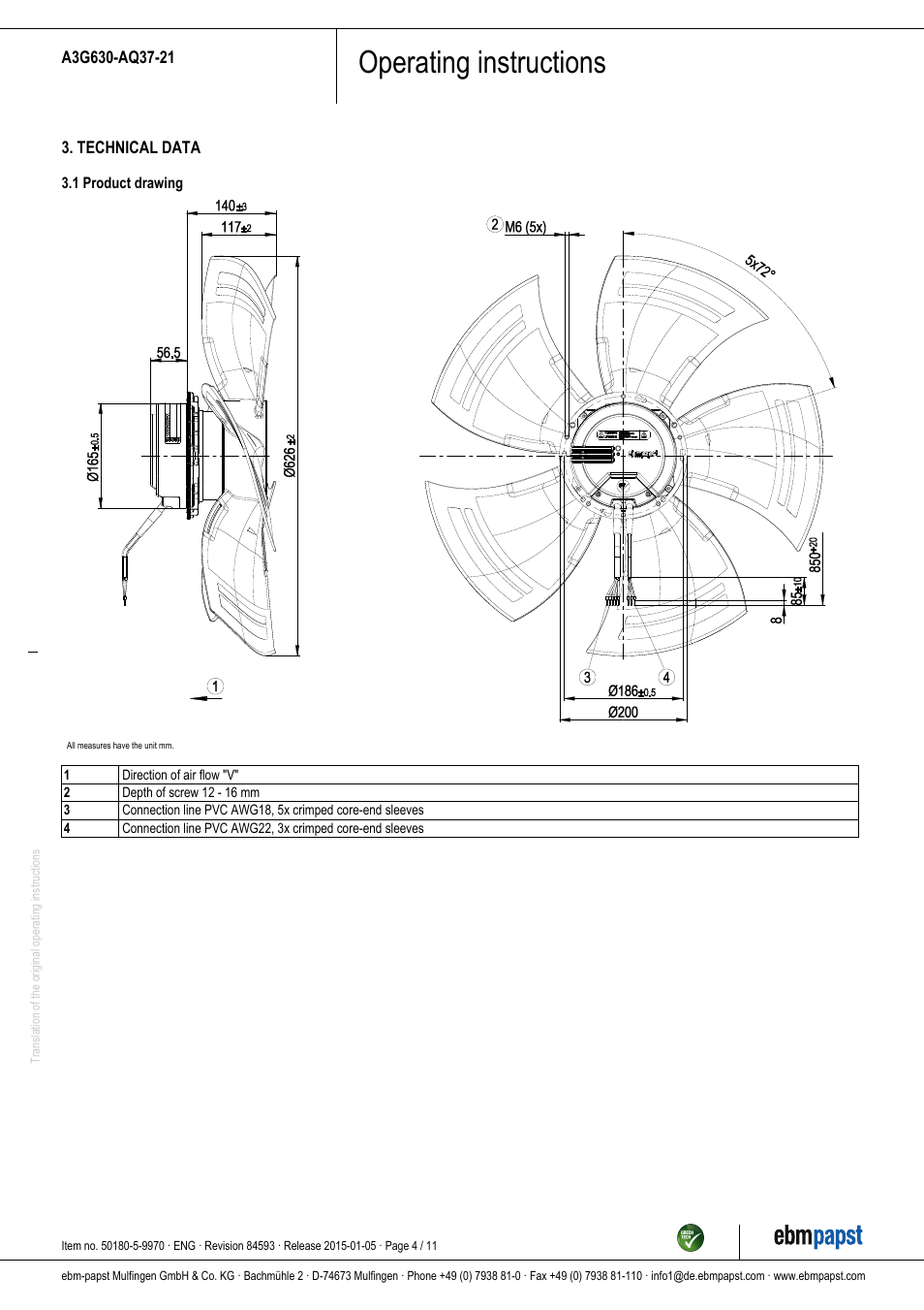 Operating instructions | ebm-papst A3G630-AQ37-21 User Manual | Page 4 / 11