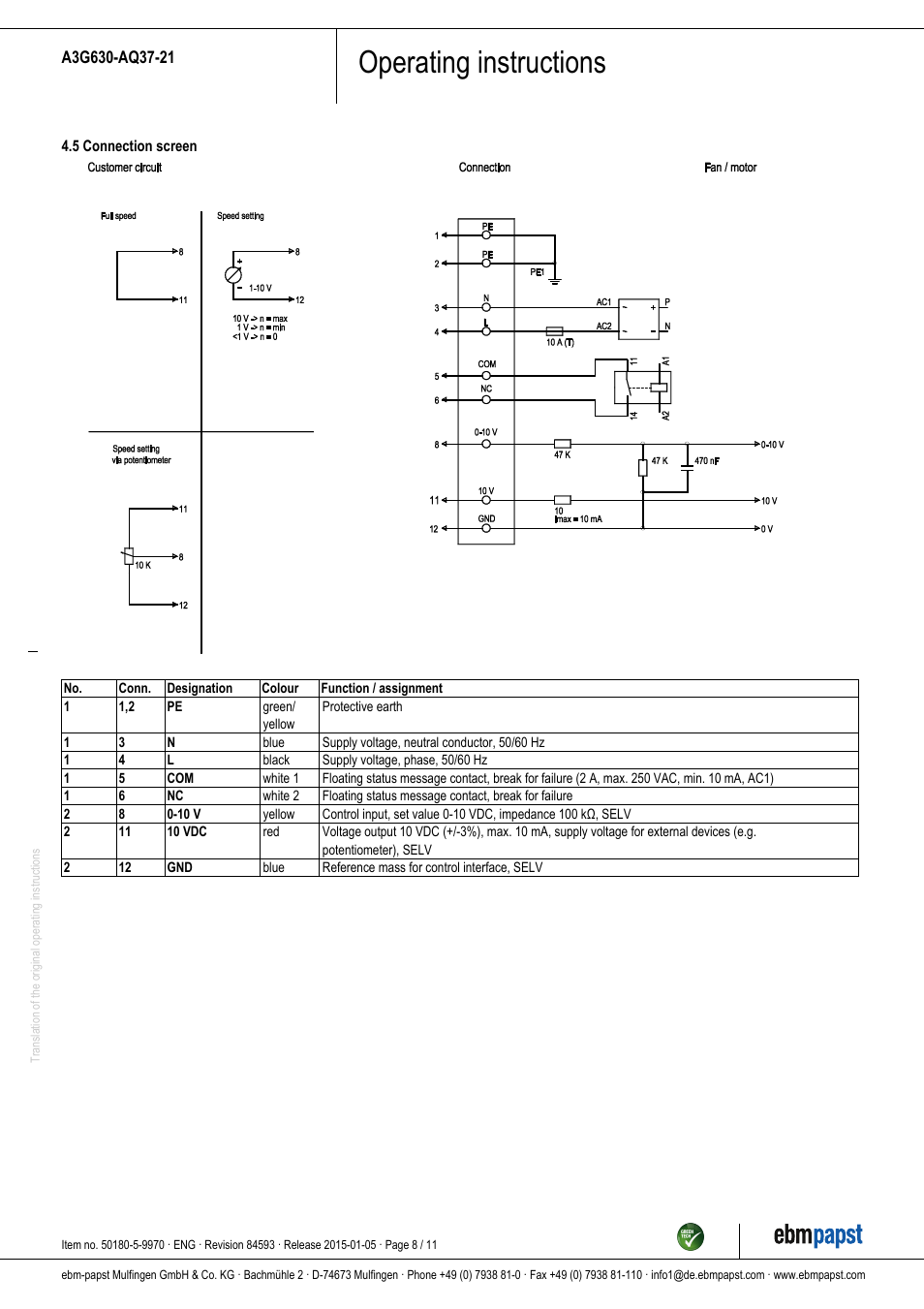 Operating instructions | ebm-papst A3G630-AQ37-21 User Manual | Page 8 / 11