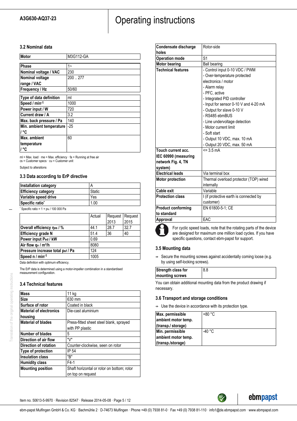 Operating instructions | ebm-papst A3G630-AQ37-23 User Manual | Page 5 / 12