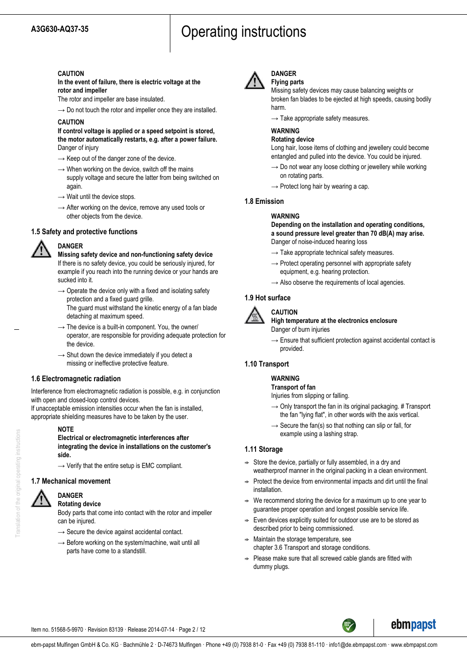 Operating instructions | ebm-papst A3G630-AQ37-35 User Manual | Page 2 / 12