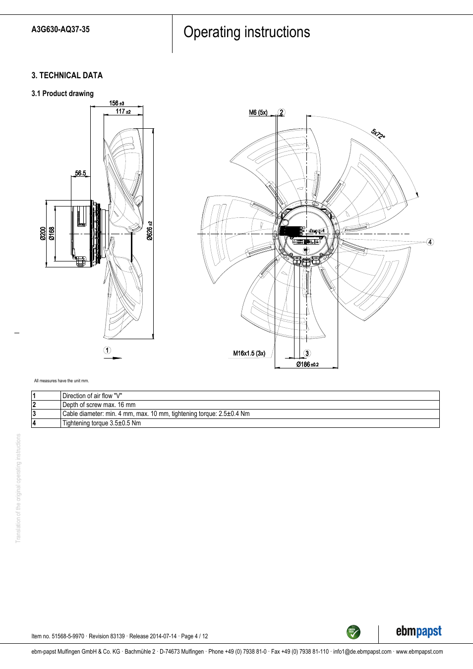 Operating instructions | ebm-papst A3G630-AQ37-35 User Manual | Page 4 / 12