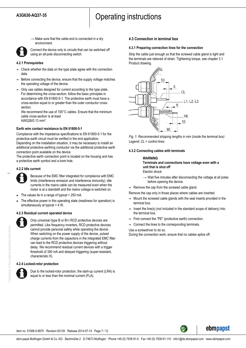 Operating instructions | ebm-papst A3G630-AQ37-35 User Manual | Page 7 / 12