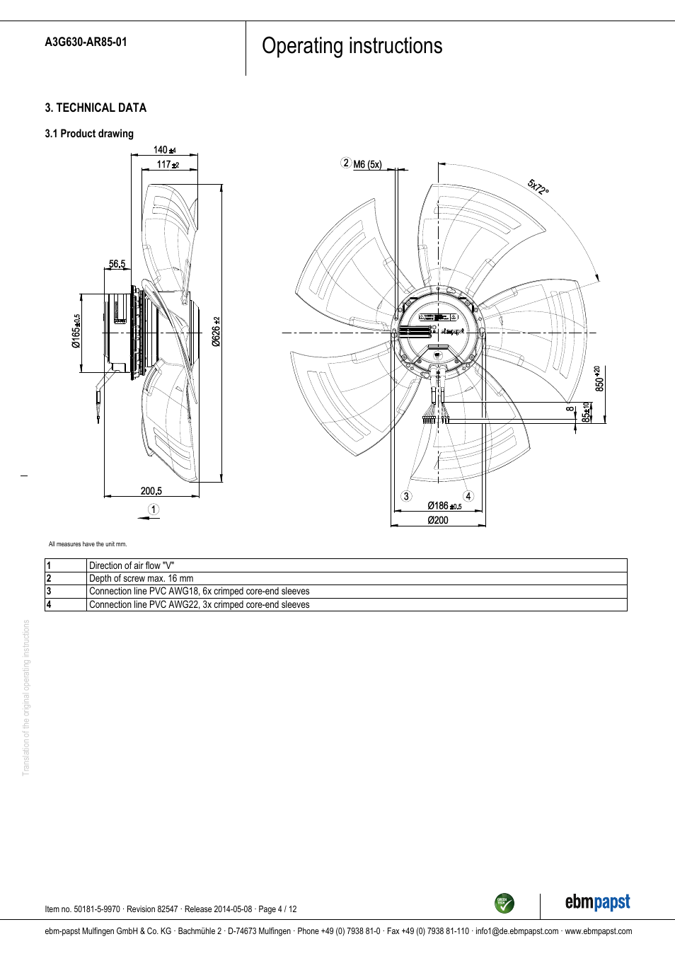 Operating instructions | ebm-papst A3G630-AR85-01 User Manual | Page 4 / 12