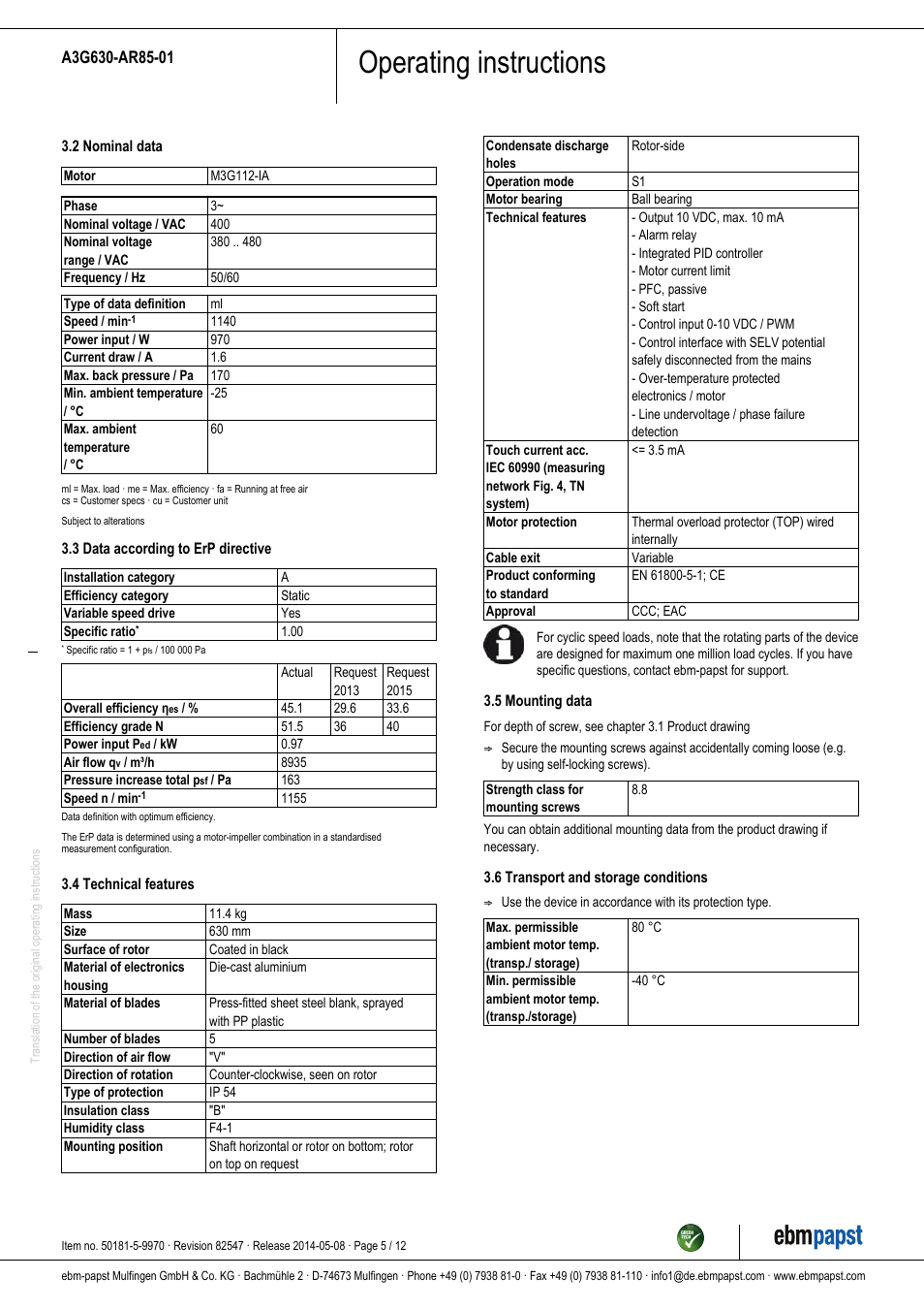 Operating instructions | ebm-papst A3G630-AR85-01 User Manual | Page 5 / 12