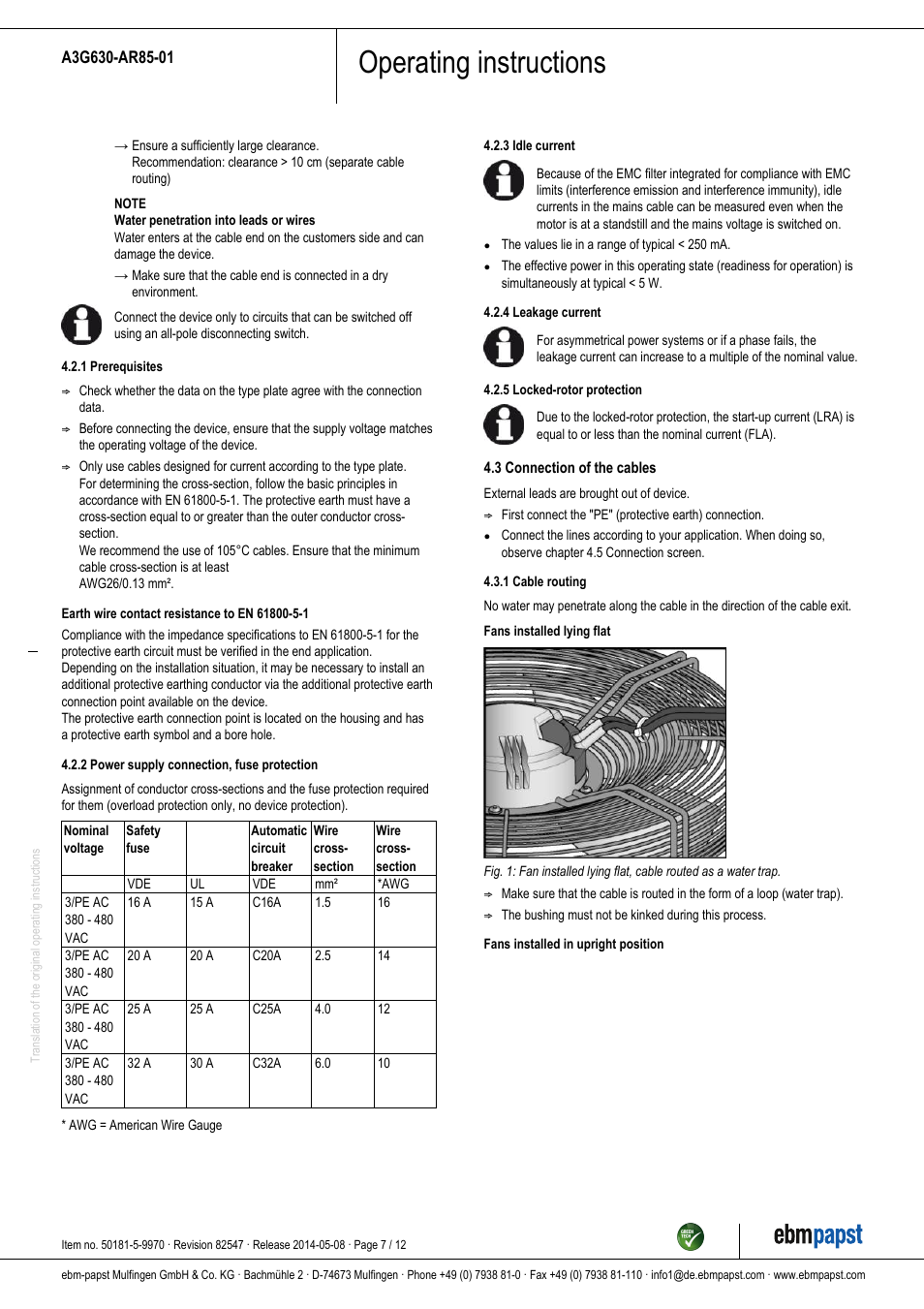 Operating instructions | ebm-papst A3G630-AR85-01 User Manual | Page 7 / 12