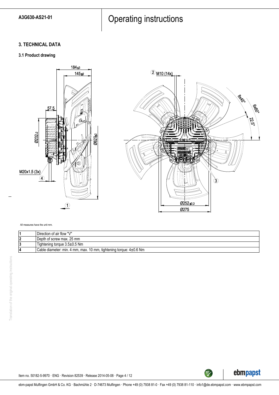 Operating instructions | ebm-papst A3G630-AS21-01 User Manual | Page 4 / 12