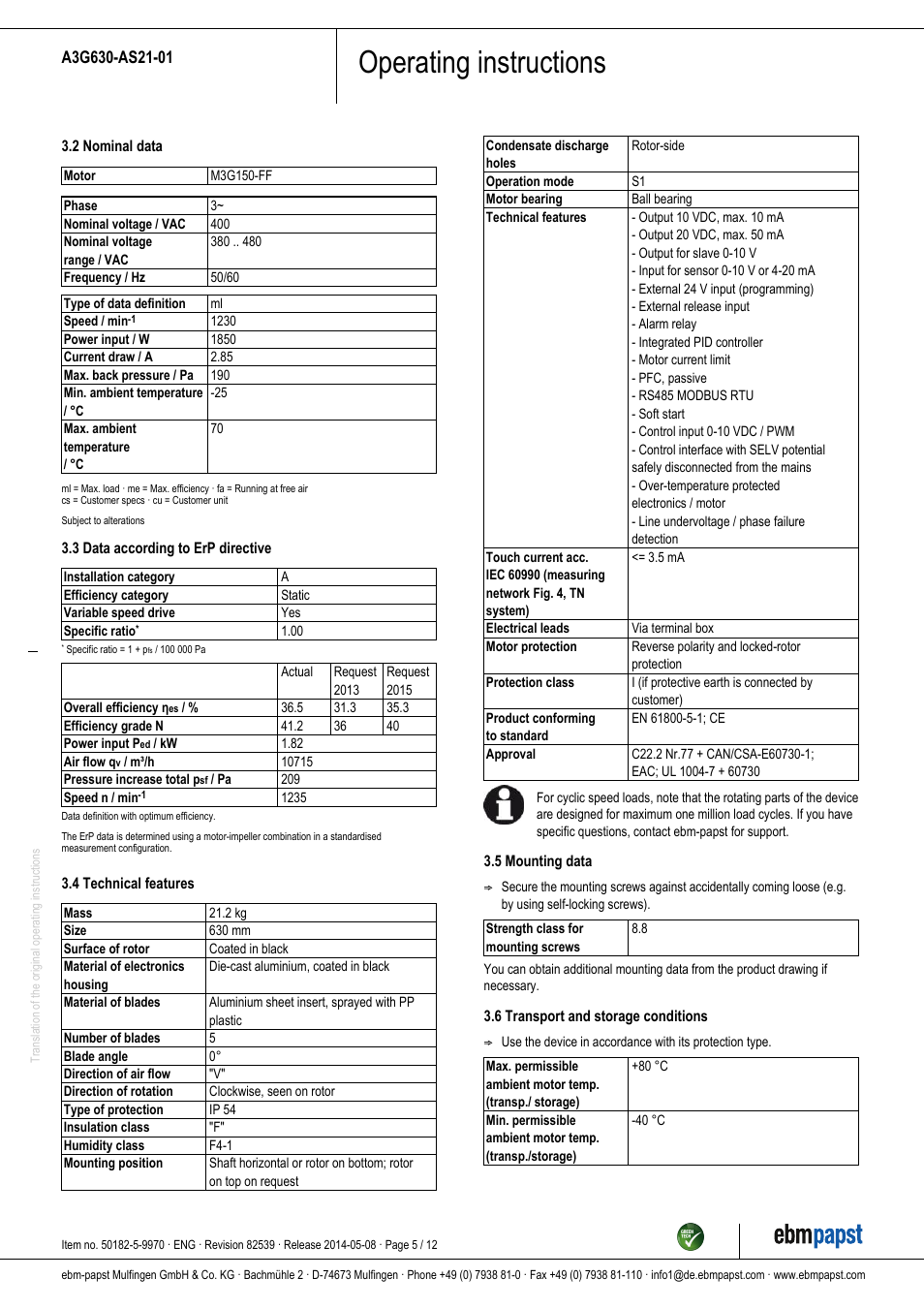 Operating instructions | ebm-papst A3G630-AS21-01 User Manual | Page 5 / 12