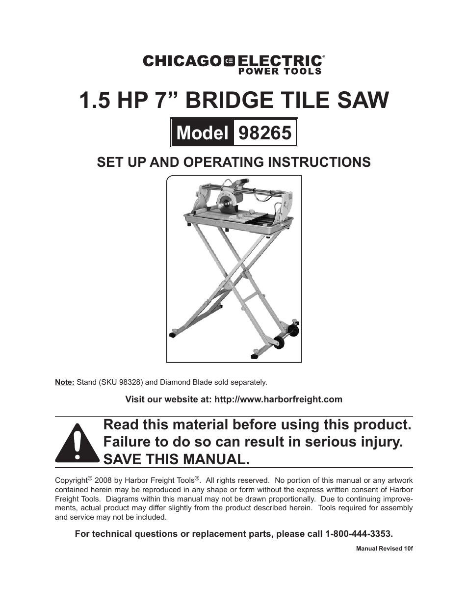 Chicago Electric 1.5HP 7" Bridge Tile Saw 98265 User Manual | 21 pages