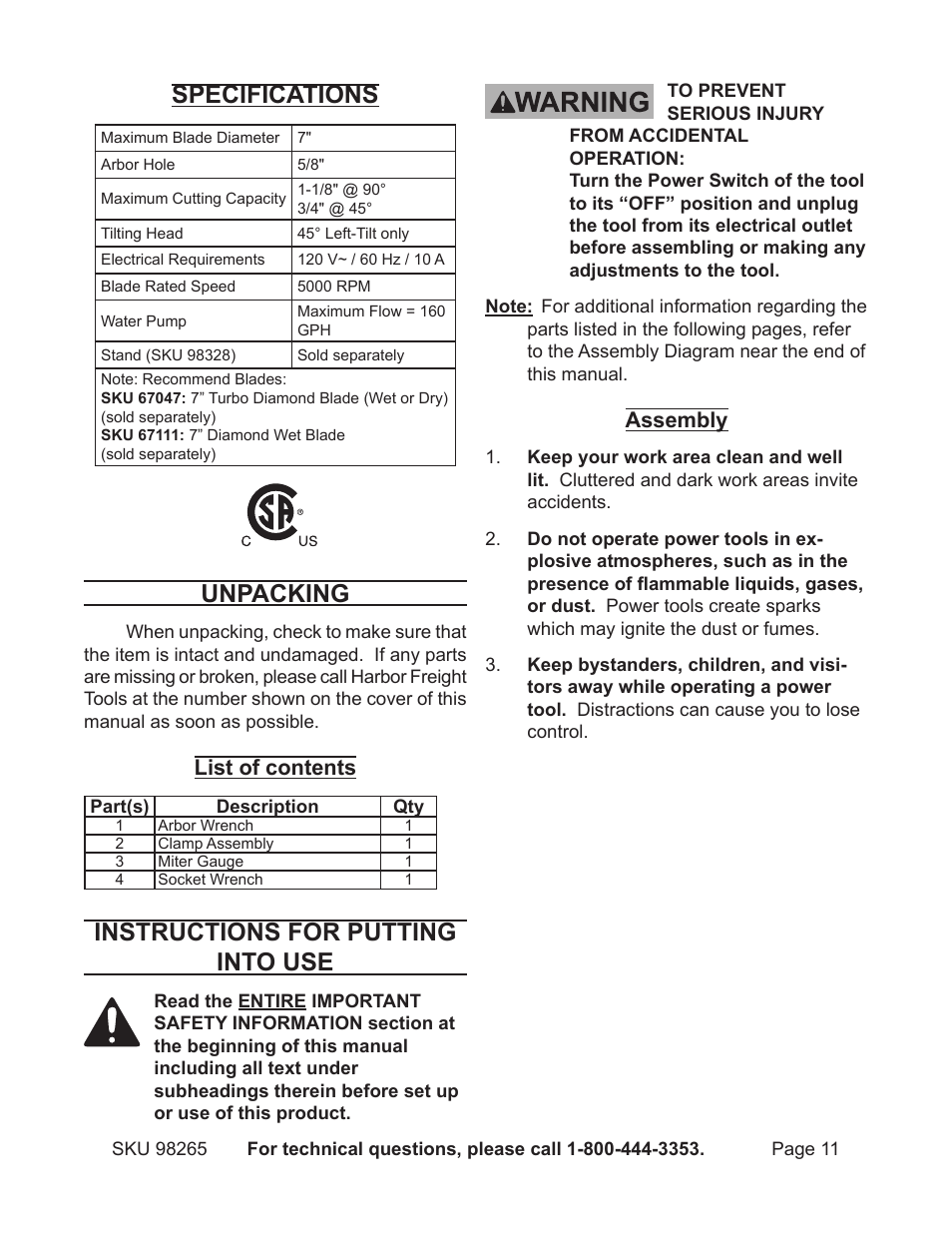 Specifications, Unpacking, Instructions for putting into use | List of contents, Assembly | Chicago Electric 1.5HP 7" Bridge Tile Saw 98265 User Manual | Page 11 / 21