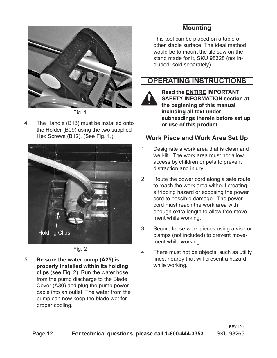 Operating instructions | Chicago Electric 1.5HP 7" Bridge Tile Saw 98265 User Manual | Page 12 / 21