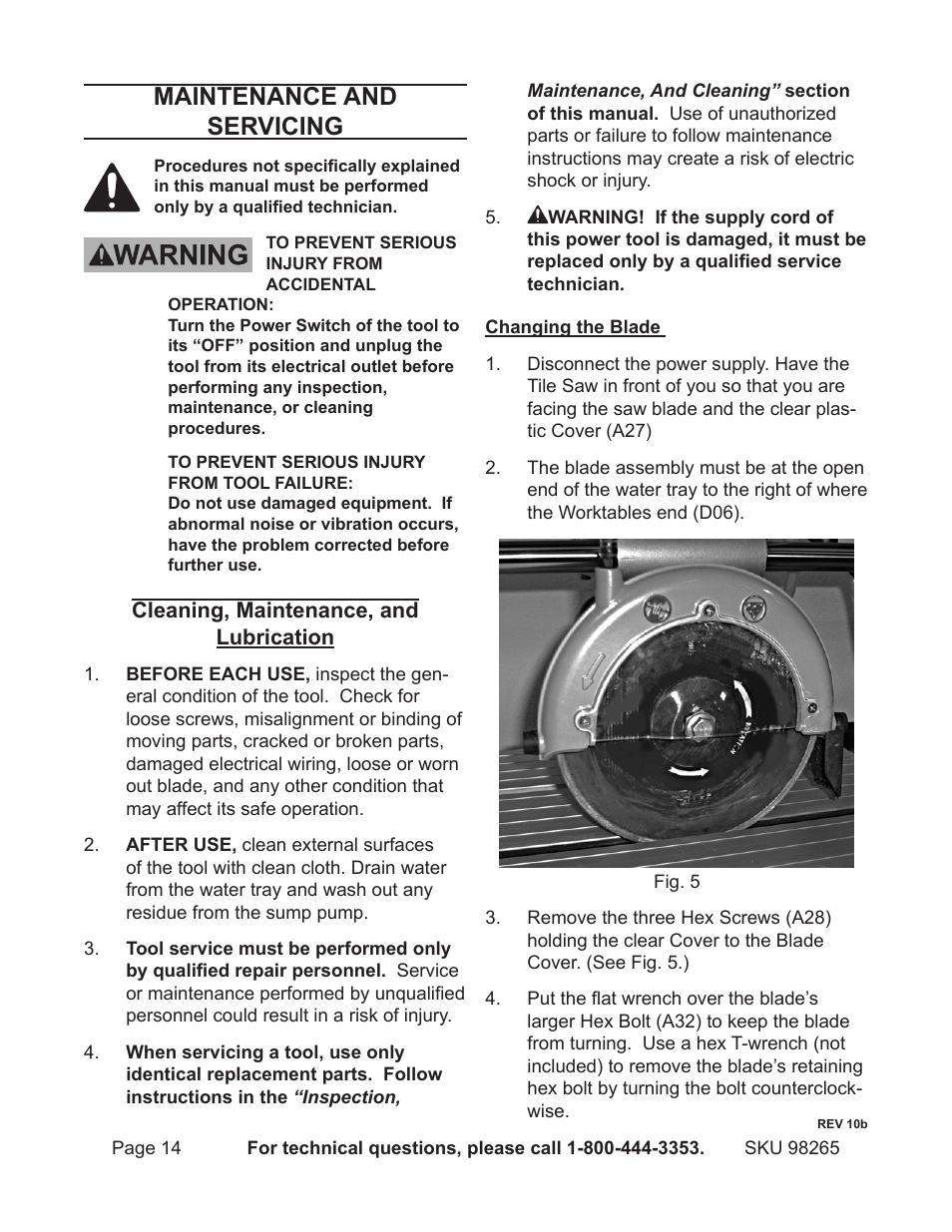 Maintenance and servicing | Chicago Electric 1.5HP 7" Bridge Tile Saw 98265 User Manual | Page 14 / 21