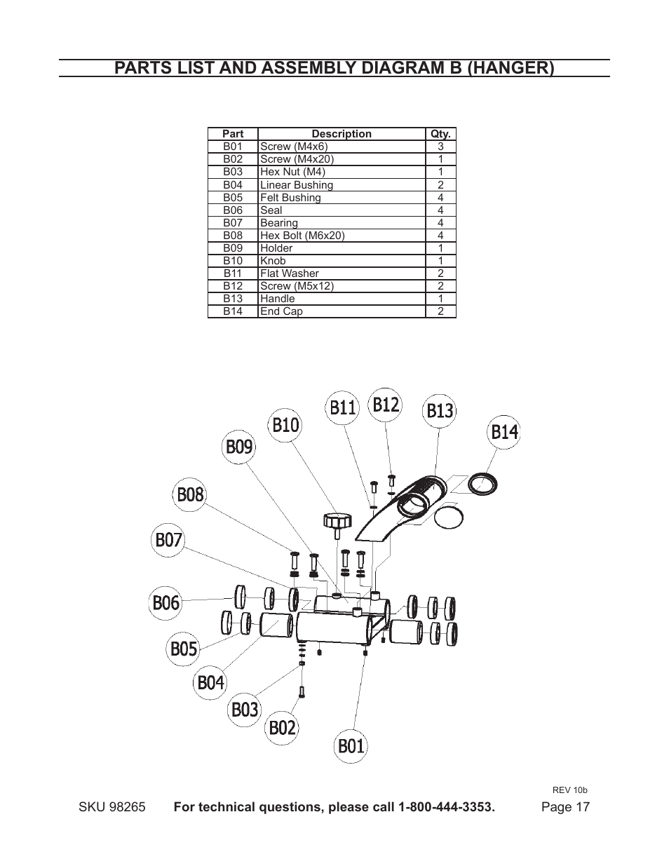 Parts list and assembly diagram b (hanger) | Chicago Electric 1.5HP 7" Bridge Tile Saw 98265 User Manual | Page 17 / 21