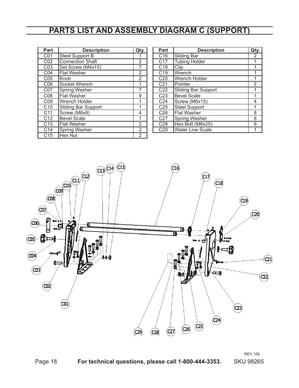 Parts list and assembly diagram c (support) | Chicago Electric 1.5HP 7" Bridge Tile Saw 98265 User Manual | Page 18 / 21