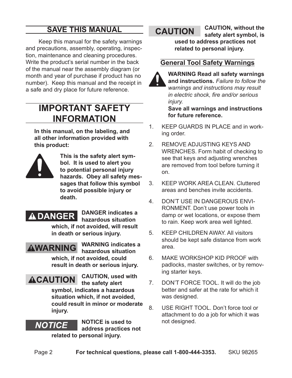 Important safety information, Save this manual | Chicago Electric 1.5HP 7" Bridge Tile Saw 98265 User Manual | Page 2 / 21