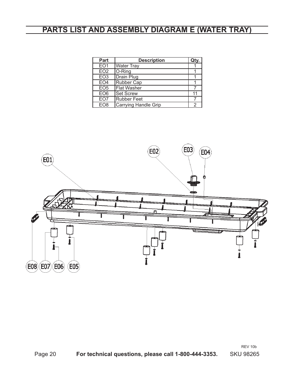 Parts list and assembly diagram e (water tray) | Chicago Electric 1.5HP 7" Bridge Tile Saw 98265 User Manual | Page 20 / 21